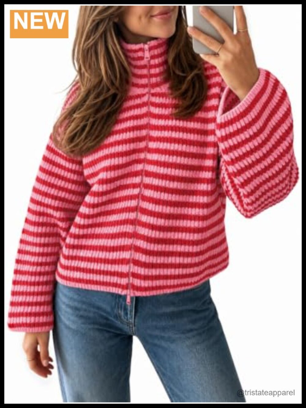 Striped Zip Up Cardigan Sweater - Mock Neck Long Sleeve Loose Fit Knit Tops